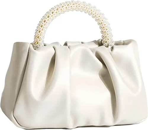 Miniatura 10 de Beatfull Bolso de noche para mujer, bolso de mano pequeño con perlas de cuero suave, bolso fruncido para boda, novia, fiesta, baile de graduación