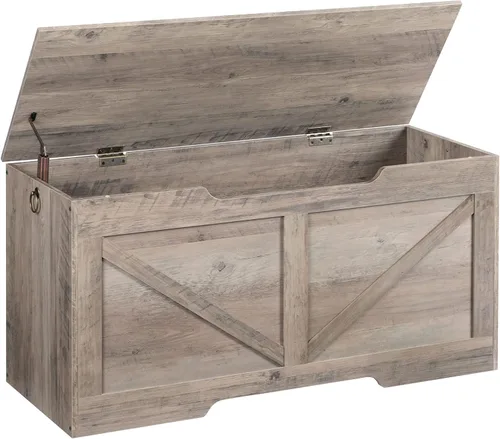 HOOBRO Banco de almacenamiento, baúl de almacenamiento de madera retro de 39.4 pulgadas con tirador recortado en forma de U, bisagra de seguridad,