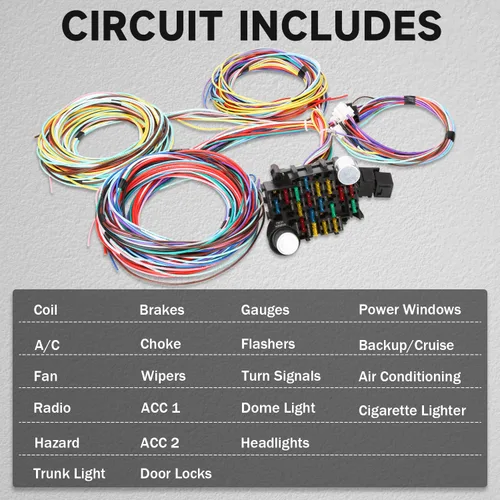 Miniatura 6 de Kit de arnés de cableado de 21 circuitos y 17 fusibles, arnés de cable universal extra largo para automóviles compatible con GM Chevy Mopar Hotrods