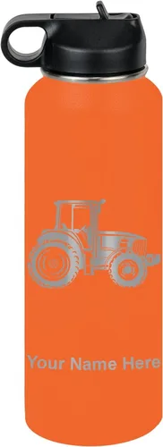 Miniatura 48 de LaserGram Botella de agua personalizada, tractor agrícola, acero inoxidable de doble pared aislada al vacío con popote superior, regalo grabado