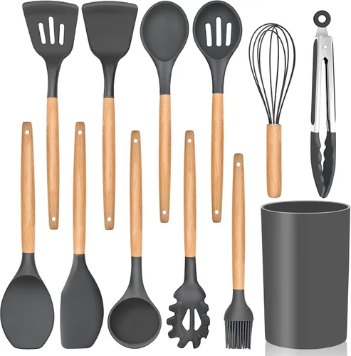 Miniatura 14 de E-far Juego de 6 utensilios de cocina de silicona con mango de madera, utensilios de cocina antiadherentes y resistentes al calor, incluye Gris