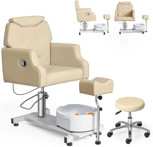 Miniatura 11 de OmySalon Silla de pedicura con taburete y baño de pies de masaje de burbujas, rotación de 360°, asiento hidráulico ajustable, estación Pedi