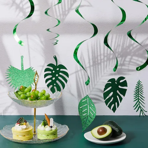 Miniatura 6 de 32 piezas hawaianas Luau para fiesta, hojas de palmera, remolinos, decoración colgante de techo, decoración verde, fiesta tropical para verano, baby