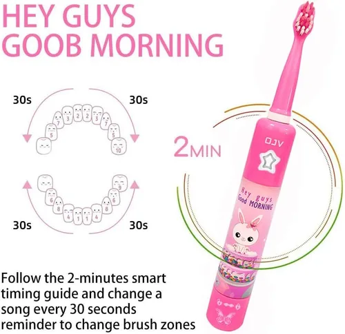 Miniatura 2 de OJV 8620 - Cepillos de dientes eléctricos musicales para niños, 3 modos, temporizador de 2 minutos, 6 cerdas recargables, energía inteligente, Rosa