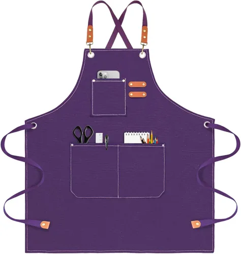 Miniatura 10 de OUNLEN Delantal de Chef para Hombres y Mujeres de Lona con 3 Bolsillos, Delantal Resistente de Trabajo con Espalda Cruzada para Cocinar