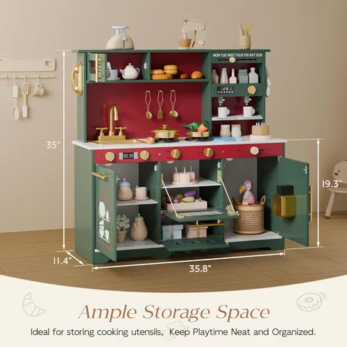 Miniatura 2 de Play Kitchen Set, Kids Kitchen Playset with 21 Fun Accessories, Toy Kitchen with Realistic Appliances, Smart Storage, Wooden Play Kitchen for Kids