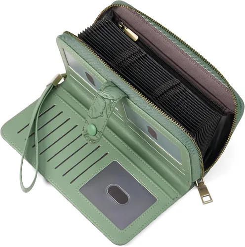 Miniatura 12 de SENDEFN Cartera de piel con cierre RFID para mujer, con cierre de cremallera, de gran capacidad, con correa para la muñeca, Marrón, Classic