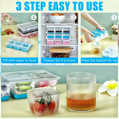 Miniatura 4 de Bandejas para cubitos de hielo, 2 unidades, moldes grandes de silicona para cubitos de hielo con tapa a prueba de fugas, marco de TPE transparente