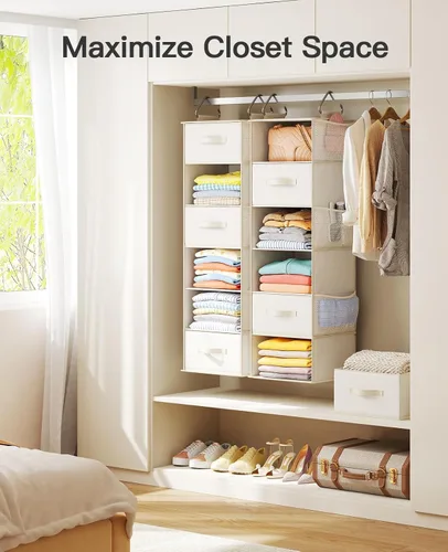 Miniatura 6 de Pipishell Organizador colgante de armario con 6 estantes, estantes colgantes para armario con 3 cajones extraíbles y bolsillos laterales, Blanco