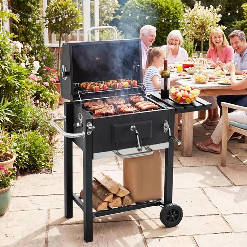 Miniatura 7 de Giantex Parrilla de carbón con estante lateral plegable, parrilla de barbacoa al aire libre con bandeja de carbón ajustable, termómetro, estantes