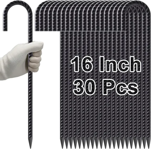 Miniatura 16 de VVOKGO Estacas de Varilla Corrugada de 16 Pulgadas con Gancho en J de Servicio Pesado para Cerca de Eslabones de Cadena, 16 Piezas de Picos Largos