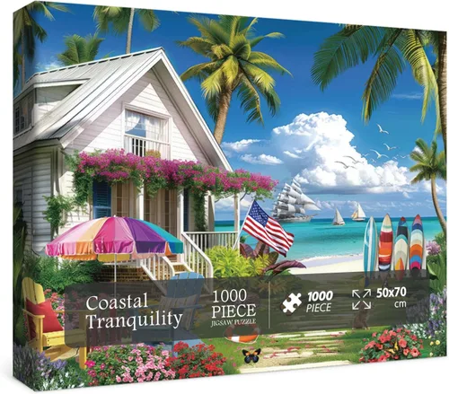 Miniatura 2 de Rompecabezas de casa de playa de verano de 1000 piezas para adultos, rompecabezas de retiro junto al mar, rompecabezas de océano, rompecabezas
