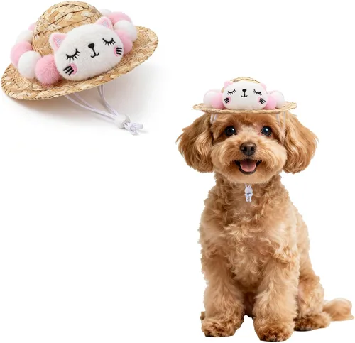 NACOCO Sombrero de paja de girasol, hecho a mano, encantador, accesorio para fotografía de perros y gatos pequeños (S, gato rosa)