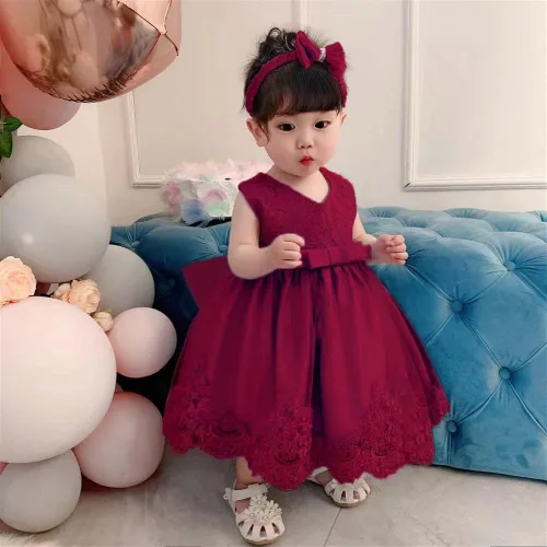 Miniatura 2 de Vestidos de encaje para concursos de niñas bebés de 0-2 años, vestido bordado para fiestas con diadema