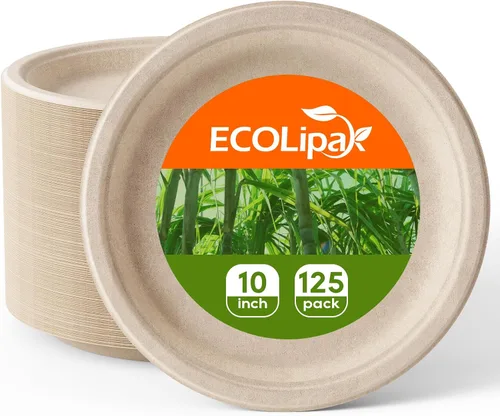 Miniatura 9 de ECOLipak Platos de papel resistentes 100% compostables de 10 pulgadas, paquete de 150 platos desechables biodegradables ecológicos de bagazo de caña