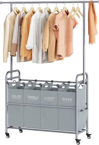 Miniatura 11 de Tajsoon Carrito Clasificador de Lavandería con Perchero para Colgar Ropa, Organizador de 3 Cestas Clasificadoras Butler, Carrito Cesto de Lavandería