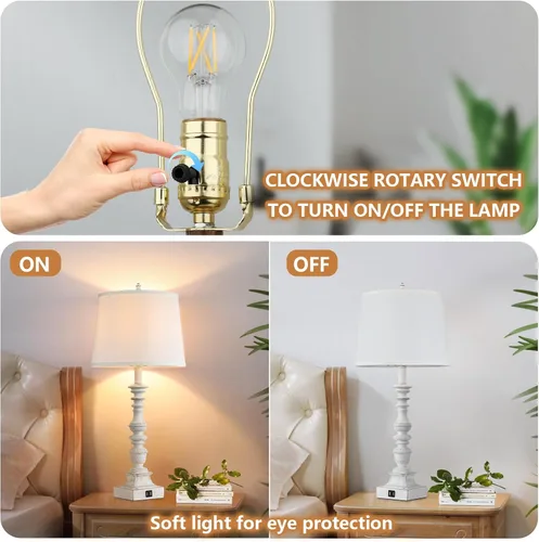Miniatura 4 de Juego de 2 lámparas de mesa de granja de 27.5 pulgadas, lámparas rústicas de dormitorio para mesita de noche con carga USB doble, lámparas