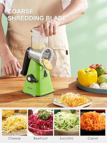 Miniatura 3 de Reemix - Rallador rotativo de queso con asa, triturador de queso vegetal para cocina, 3 cuchillas intercambiables para queso, papa, calabacín, Verde