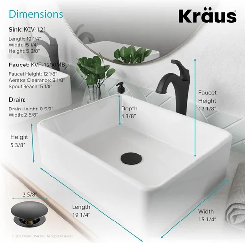 Miniatura 5 de KRAUS Elavo C-KCV-121-1200MB - Lavabo de baño de cerámica rectangular de porcelana blanca moderna de 19 pulgadas y grifo Arlo negro mate con drenaje