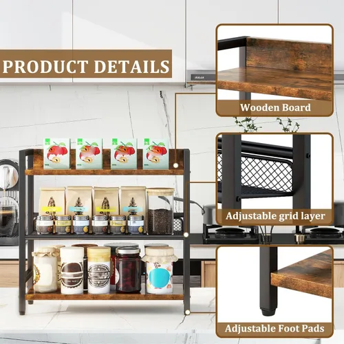Miniatura 5 de IBUYKE Estante de especias industrial de 3 niveles, organizador de almacenamiento de escritorio, estante de condimentos de pie para encimera, Marrón