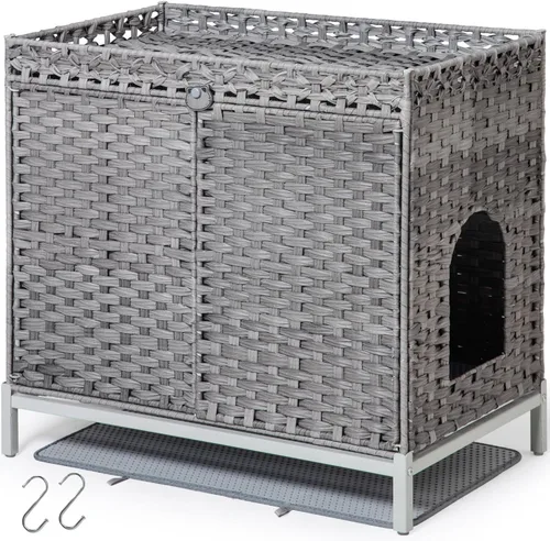 Miniatura 9 de SETVSON Mueble Caja de Arena para Gatos, Caja de Arena Oculta de Ratán Tejido a Mano con Alfombrilla, Casa Grande para Gatos con Patas Elevadas
