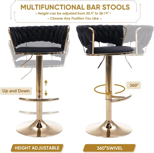 Miniatura 7 de Juego de 2 taburetes de bar giratorios de terciopelo, taburete de bar ajustable con respaldo tejido, sillas de comedor tapizadas, taburetes de bar