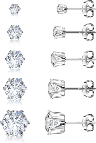 Juego de 5 pares de aretes de plata de ley 925, hipoalergénicos, de oro de 18 quilates, circonita cúbica para mujeres y hombres, regalo brillante