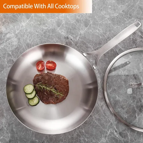 Miniatura 6 de DELARLO Sartén de Acero Inoxidable de Tres Capas de Cuerpo Completo de 12 Pulgadas con Tapa, Sartén Grande de Cocina Adecuada para Todas las Estufas