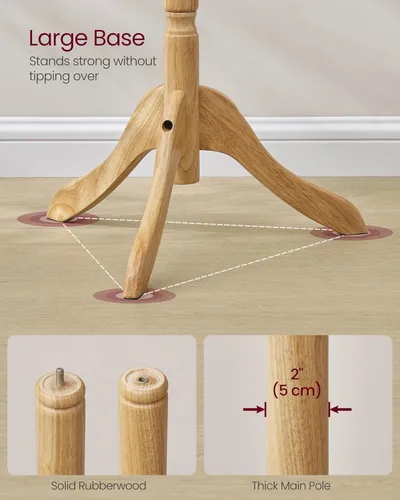 Miniatura 4 de VASAGLE Perchero de madera maciza y soporte, árbol de pasillo independiente con 10 ganchos para sombreros, bolsos, carteras, para entrada, pasillo