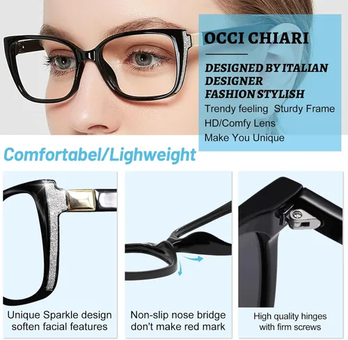Miniatura 4 de OCCI CHIARI Gafas de lectura modernas de marco grande para mujeres lectores cuadrados (negro 1.0x) 1.0 1.25 1.5 1.75 2.0 2.25 2.5 2.75 3.0 3.5 4.0