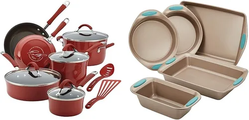 Rachael Ray Cucina - Juego de ollas y sartenes antiadherentes, 12 piezas, rojo arándano y Cucina para hornear, incluye bandeja antiadherente para