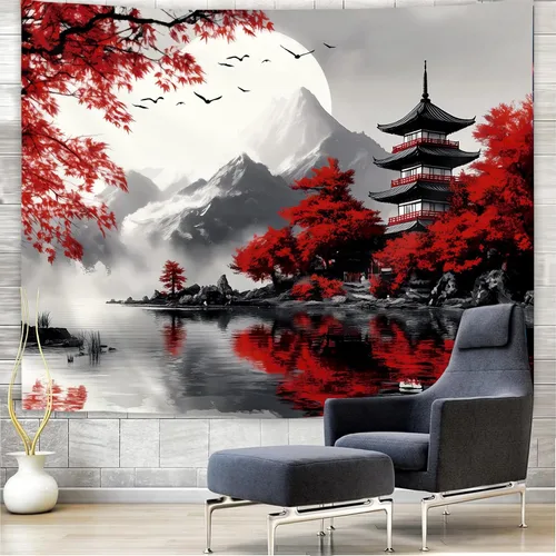 Miniatura 2 de Yookeb Tapiz Japonés de Montaña en Negro y Rojo 51 x 51 Pulgadas para Colgar en la Pared, Decoración de Anime de Asia, Paisaje de Bosque