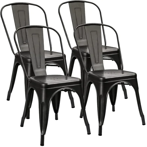 Furniwell Juego de 4 sillas de comedor de metal para uso en interiores y exteriores, apilables, de metal industrial, para cocina, comedor, bistró y