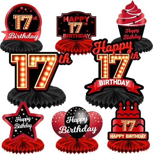 Miniatura 42 de Feliz Cumpleaños 15 Centros de Mesa de Panal Rojo y Negro Globos Decoración Temática de Mesa Decoraciones de Mesa Adornos de Mesa para Niñas Mujeres