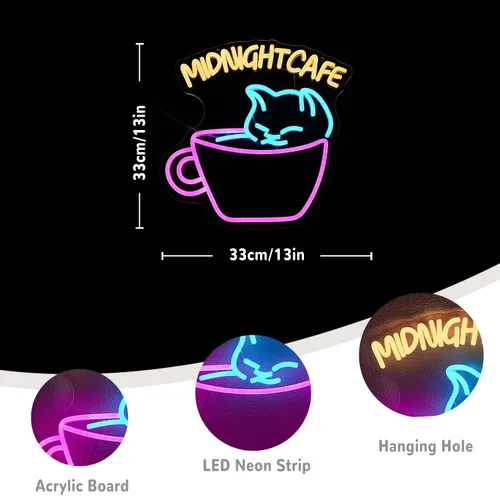 Miniatura 2 de Letrero de neón de café para decoración de pared, luz de neón de gato, luz de neón de medianoche, luces LED de neón coloridas para cafetería