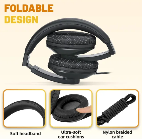 Miniatura 2 de RockPapa Comfort Audífonos para la escuela, ligeros, para niños, niñas, adolescentes, con cable de 3.5 mm para reproductor de CD y DVD, tablet, Negro