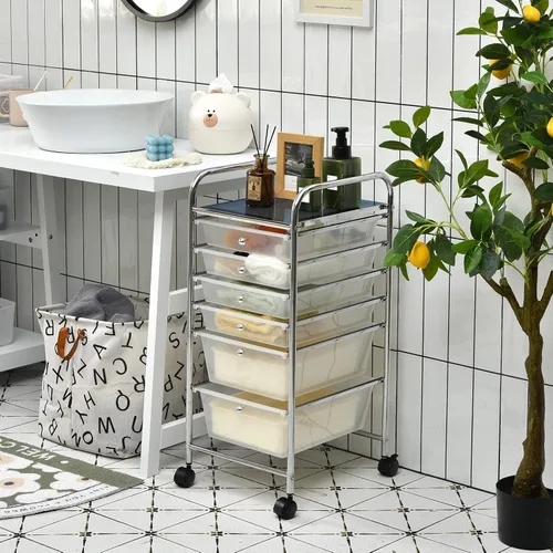 Miniatura 2 de Happygrill Carrito organizador de 6 cajones, carrito de almacenamiento móvil con cajones extraíbles y ruedas con cerradura, carrito de Transparente