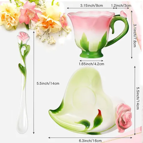 Miniatura 4 de ONEUSTAR Juego de taza de té rosa y platillo para 1 taza de café de cerámica hecha a mano con flores rosas para el día de la madre, Acción