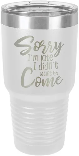 Miniatura 19 de Sorry I'M LATE I DIDN'T WANT TO COME Vaso negro de 30 onzas con popote y tapa superior deslizante Taza de viaje de acero inoxidable Comparar