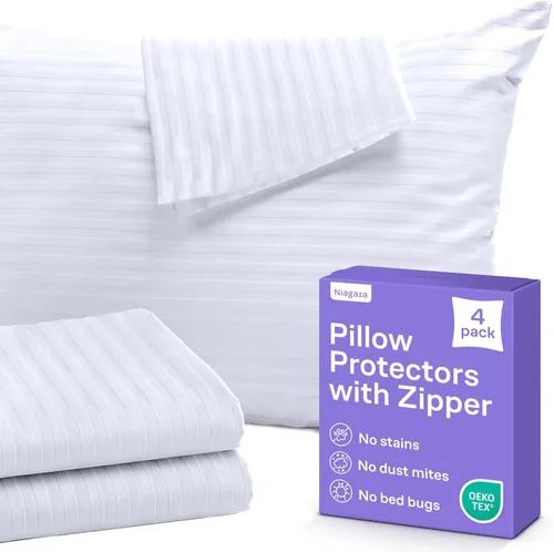 Juego de 2 protectores de almohada con cremallera, tamaño estándar, 100% resistentes a las manchas, el polvo y la suciedad, fundas lavables para una