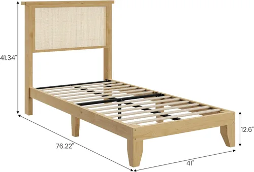 Miniatura 2 de coucheta Base de cama de ratán individual con cabecera de ratán natural, marco de cama individual con luces LED, cama con cabecero, patas de cama