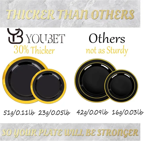 Miniatura 3 de YOUBET - 350 piezas de platos de plástico negro y dorado - Juegos de vajilla desechable dorada para 50 invitados - 100 platos de plástico, 150