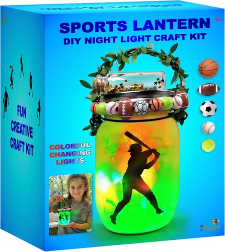 Haz tu propio tarro de farol deportivo con luz nocturna para niños y niñas, fútbol, fútbol, baloncesto, tenis y béisbol para niños, kit de arte de