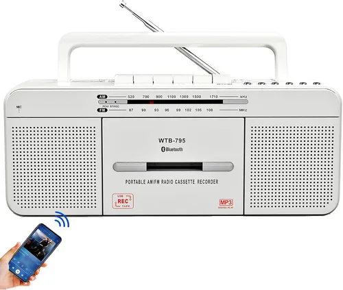 Reproductor de cassette Boombox, radio AM/FM portátil estéreo con Bluetooth, USB, altavoz grande doble, conector para auriculares, grabación a