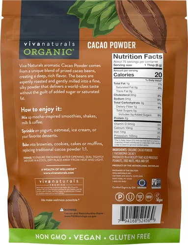 Miniatura 3 de Viva Naturals Cacao en polvo orgánico, 1 libra, cacao en polvo sin azúcar con rico sabor a chocolate negro, perfecto para hornear y batidos, sin