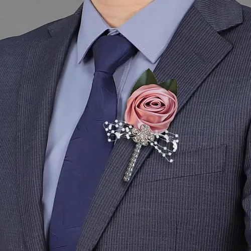Miniatura 4 de Boutonniere de flores artificiales, paquete de 2 piezas para boda, tela de seda sintética, rosa Boutonniere para iglesia, boda, equipo, novio, Rosa