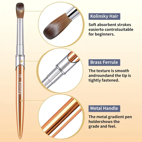 Miniatura 2 de Kolinsky - Brocha de uñas acrílicas 100% tamaño 8, pincel de arte de forma redonda para manicura profesional de uñas (#8, dorado)