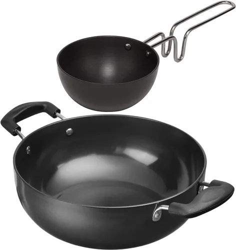 Satre Online and Marketing Hindalco Kadai - Juego de 2 bandejas antiadherentes de aluminio, tamaño n.º 13 con bandeja Tadka, color negro