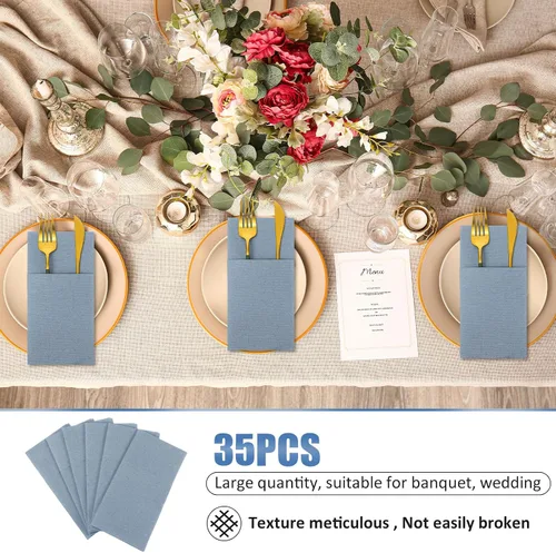 Miniatura 5 de Seajan 35 servilletas de lino de bolsillo, servilletas desechables de papel airlaid preplegadas con bolsillo integrado para cubiertos para Azul