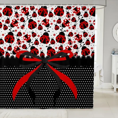 Miniatura 39 de Manfei Cortinas de ducha para niños con lazo de dibujos animados, diseño de mariquita, escarabajo, insecto, niñas, niños, cortinas impermeables